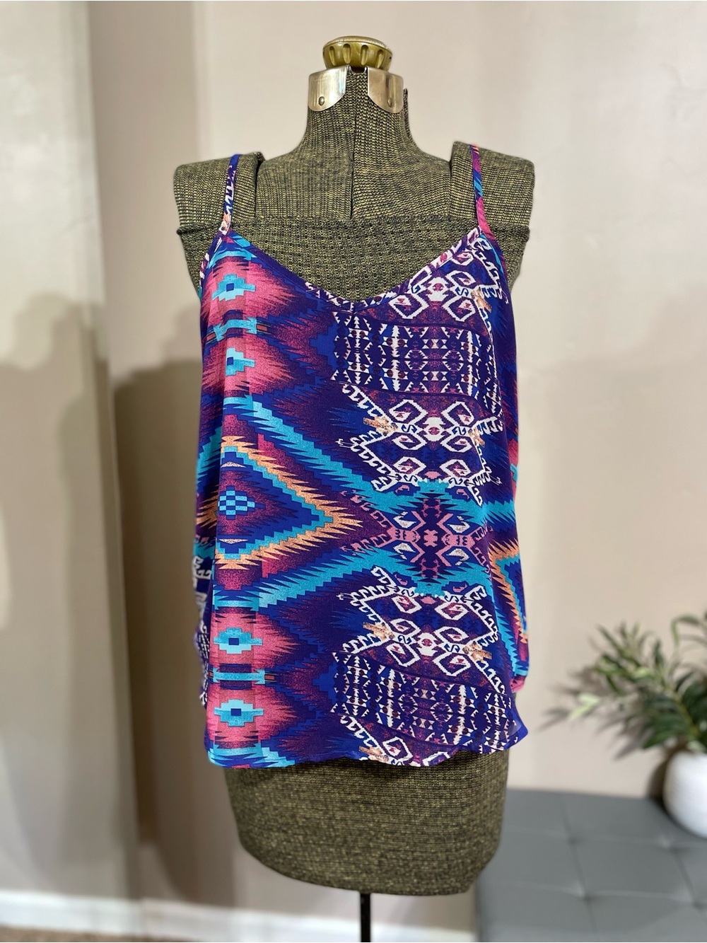 Sans Souci Purple Multicolor Aztec Boho Cami Tank Top Flowy Chiffon Lightweight